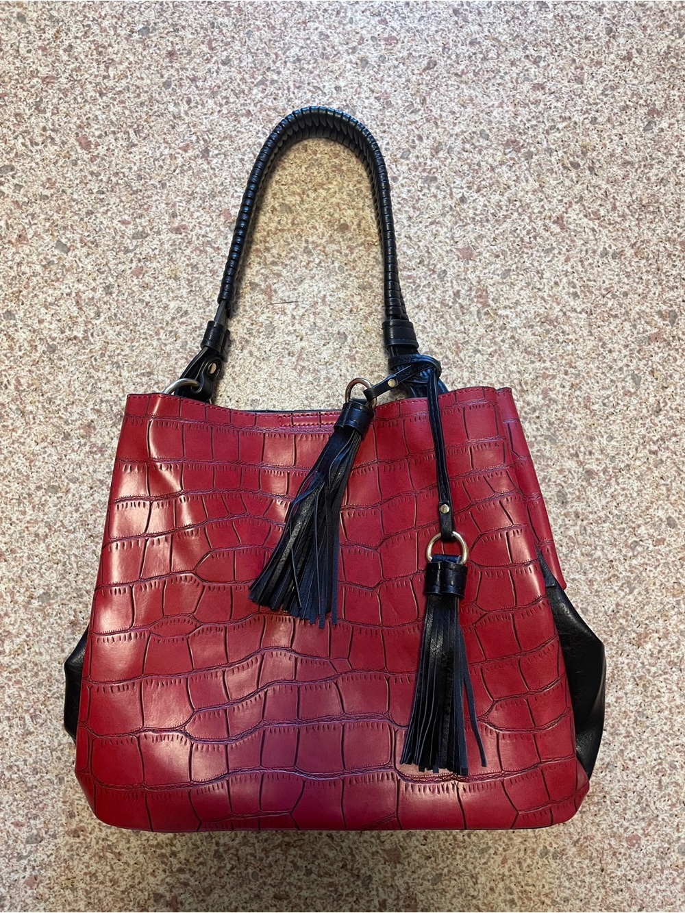 Red Croc-Embossed Tote with Black Trim - Unbranded